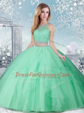 Captivating Apple Green Tulle Clasp Handle Sweet 16 Dresses Sleeveless Floor Length Beading