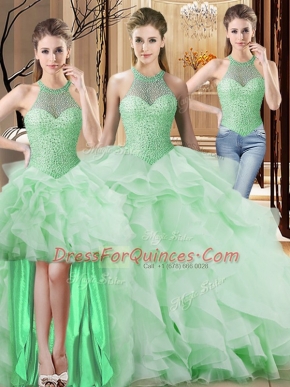 Fashionable Apple Green Sweet 16 Dresses Organza Brush Train Sleeveless Beading and Ruffles