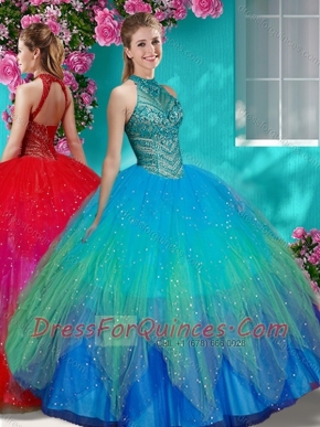 Luxurious See Through Halter Top Quinceanera Dress with Beading and Appliques