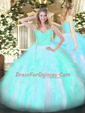 Stunning Aqua Blue 15 Quinceanera Dress Military Ball and Sweet 16 and Quinceanera with Ruffles Spaghetti Straps Sleeveless Zipper