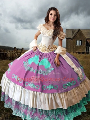 Taffeta Sleeveless Vestidos de Quinceanera Brush Train and Embroidery and Ruffled Layers