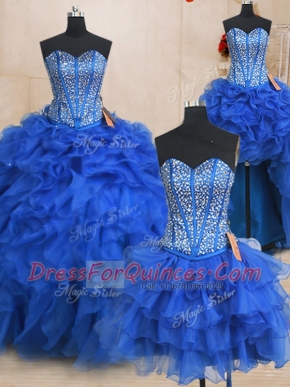 Attractive Four Piece Sweetheart Sleeveless Quinceanera Gown Floor Length Beading and Ruffles Royal Blue Organza