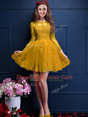 Gold Lace Up Quinceanera Court Dresses Beading and Lace and Appliques 3 4 Length Sleeve Mini Length