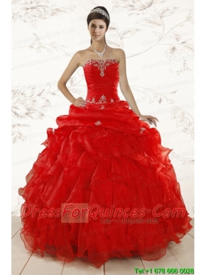 2015 Red Ball Gown Strapless Sweet 15 Dresses with Beading and Ruffles