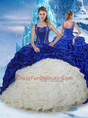 Ball Gowns Sleeveless Blue And White 15th Birthday Dress Brush Train Lace Up