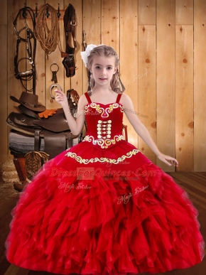 Trendy Floor Length Red Little Girl Pageant Dress Organza Sleeveless Embroidery and Ruffles