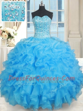 Simple Baby Blue Lace Up Sweet 16 Quinceanera Dress Beading Sleeveless Floor Length