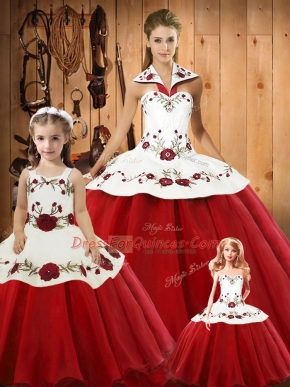 Exquisite Wine Red Halter Top Lace Up Embroidery Quinceanera Gowns Sleeveless