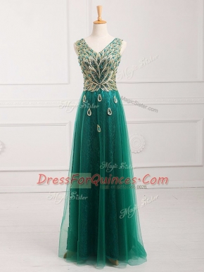 Dark Green Empire V-neck Sleeveless Tulle Floor Length Zipper Lace Prom Gown