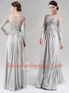 Silver Scoop Neckline Beading and Lace Homecoming Dress Long Sleeves Zipper