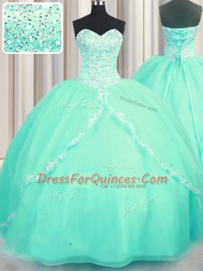 Great Turquoise Lace Up Sweetheart Beading and Appliques Vestidos de Quinceanera Organza Sleeveless Brush Train