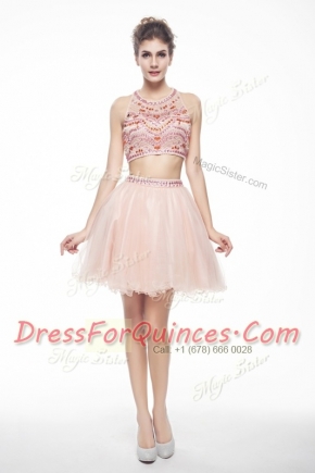 Super Scoop Peach Sleeveless Chiffon Backless Prom Party Dress for Prom and Party