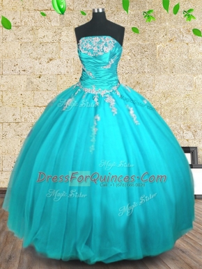 Aqua Blue Ball Gowns Strapless Sleeveless Tulle Floor Length Lace Up Appliques and Ruching Quinceanera Gown
