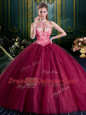 Halter Top Tulle High-neck Sleeveless Lace Up Beading and Lace and Appliques Sweet 16 Dresses in Burgundy