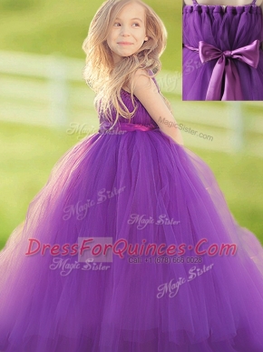 Hot Sale Straps Bowknot and Hand Made Flower Flower Girl Dresses for Less Eggplant Purple Zipper Sleeveless Floor Length