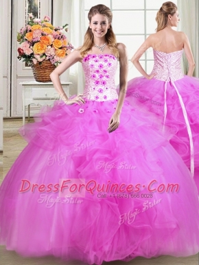 New Arrival Fuchsia Ball Gowns Beading and Appliques and Embroidery Quinceanera Gowns Lace Up Tulle Sleeveless Floor Length