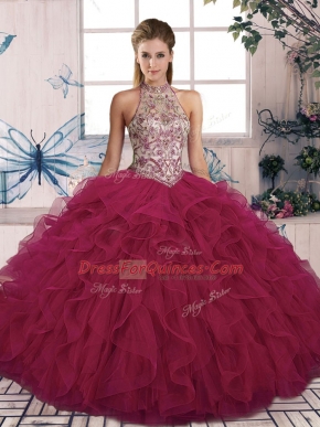 Custom Design Burgundy Ball Gowns Tulle Halter Top Sleeveless Beading and Ruffles Floor Length Lace Up 15 Quinceanera Dress