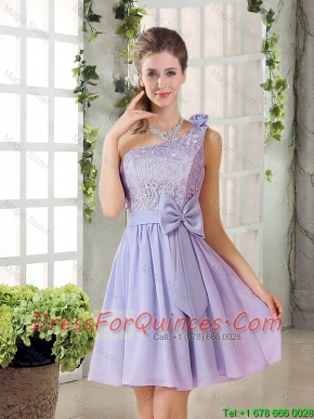 Custom Made A Line One Shoulder Lace and Bowknot Prom Dresses