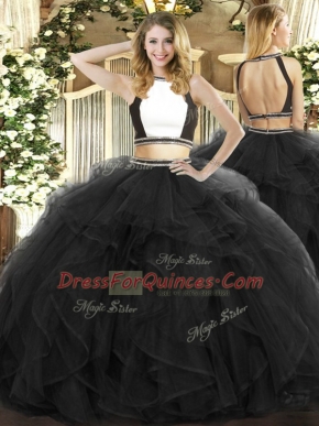 Black Backless Halter Top Ruffles Ball Gown Prom Dress Tulle Sleeveless