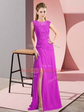 Sleeveless Chiffon Floor Length Zipper Womens Party Dresses in Fuchsia with Beading