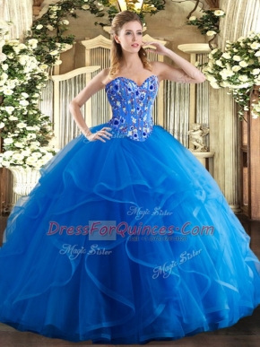 Royal Blue Tulle Lace Up Sweet 16 Dress Sleeveless Floor Length Embroidery and Ruffles