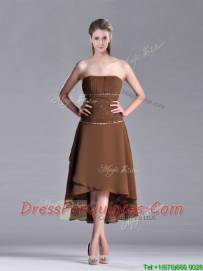 Exclusive Beaded Strapless High Low Brown Prom Dress in Chiffon