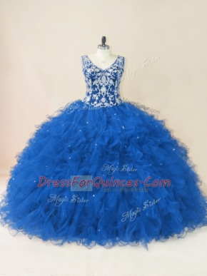 Blue Ball Gowns Beading and Ruffles Quinceanera Dresses Backless Tulle Sleeveless