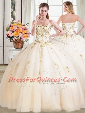 Colorful Sweetheart Sleeveless 15 Quinceanera Dress Floor Length Beading Champagne Tulle