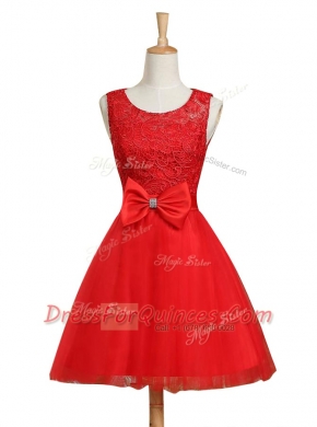 Scoop Sleeveless Tulle Mini Length Lace Up Homecoming Dress in Red with Lace and Bowknot