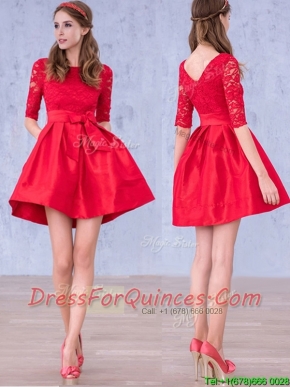 Romantic Bowknot and Laced Scoop Half Sleeves Prom Dresses in Red
