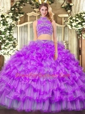 Stunning Purple Sleeveless Beading and Ruffled Layers Floor Length Ball Gown Prom Dress