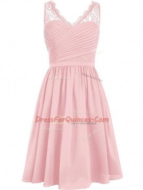 Wonderful Pink Empire Lace and Ruching Quinceanera Court of Honor Dress Side Zipper Chiffon Sleeveless Knee Length