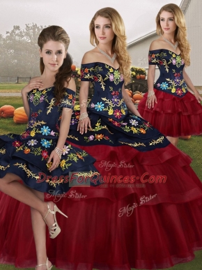Customized Off The Shoulder Sleeveless Quince Ball Gowns Brush Train Embroidery and Ruffled Layers Wine Red Tulle
