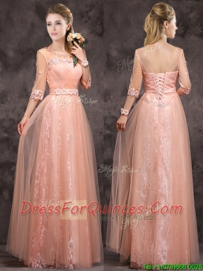 Exquisite See Through Applique and Laced Long Dama Dresses in Peach