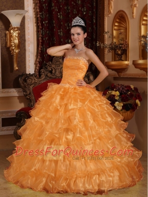 Beautiful Orange Ball Gown Strapless With Organza Beading For Discount Quinceanera Dress