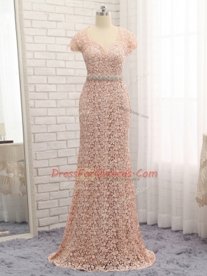 Fantastic Peach Sweetheart Neckline Beading and Belt Prom Dresses Cap Sleeves Zipper
