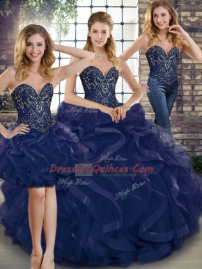 Glamorous Navy Blue Quinceanera Gowns Military Ball and Sweet 16 and Quinceanera with Beading and Ruffles Sweetheart Sleeveless Lace Up
