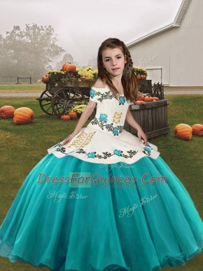Organza Straps Sleeveless Lace Up Embroidery Little Girls Pageant Dress in Aqua Blue