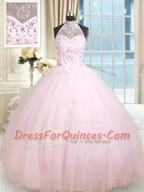 Halter Top Floor Length Baby Pink Quince Ball Gowns Tulle Sleeveless Beading