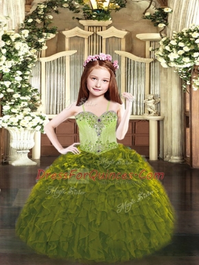 New Arrival Olive Green Lace Up Spaghetti Straps Beading and Ruffles Little Girl Pageant Dress Organza Sleeveless