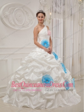 White Ball Gown One Shoulder Floor-length Taffeta Beading and Hand Made Flowers Quinceanera Dress