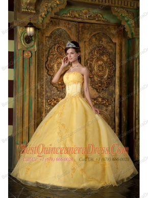 Yellow Ball Gown Strapless Floor-length Appliques Organza Quinceanera Dress
