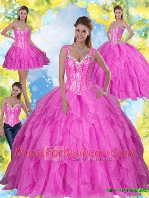 New Style Beading and Ruffles 2015 Fuchsia Sweet Sixteen Dresses