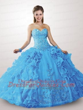 2015 Exclusive Blue Dress For Quinceanera with Appliques and Ruffles