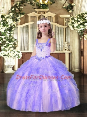 Straps Sleeveless Pageant Dresses Floor Length Beading and Ruffles Lavender Organza