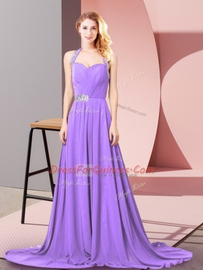 Lavender Chiffon Zipper Halter Top Sleeveless Dress for Prom Brush Train Beading and Ruching