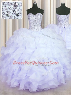 Glamorous Lavender Ball Gown Prom Dress Military Ball and Sweet 16 and Quinceanera and For with Beading and Ruffles Sweetheart Sleeveless Lace Up