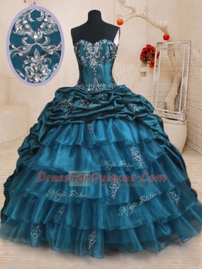 Hot Selling Teal Ball Gowns Sweetheart Sleeveless Organza and Taffeta With Train Sweep Train Lace Up Beading and Appliques and Ruffled Layers and Pick Ups Quinceanera Gown