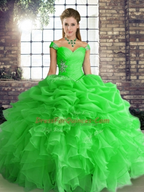 Green Ball Gowns Beading and Ruffles and Pick Ups 15th Birthday Dress Lace Up Organza Sleeveless Floor Length