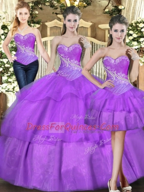 Custom Designed Eggplant Purple Ball Gowns Sweetheart Sleeveless Tulle Floor Length Lace Up Beading and Ruffled Layers Vestidos de Quinceanera